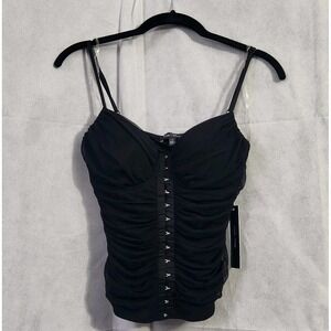 MOA MOA BABYDOLL BLACK CORSET TOP SZ L FRONT LACE HOOK CLOSURE RUCHED SIDES NWT
